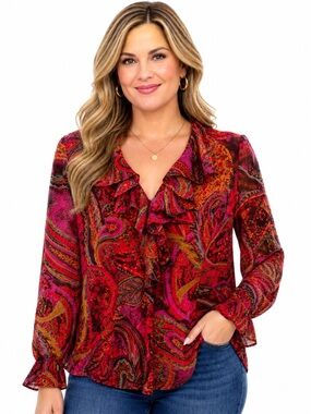 Coldwater Creek Vibrant Paisley Ruffle V Neck Blouse Boho Top Sz L Petite